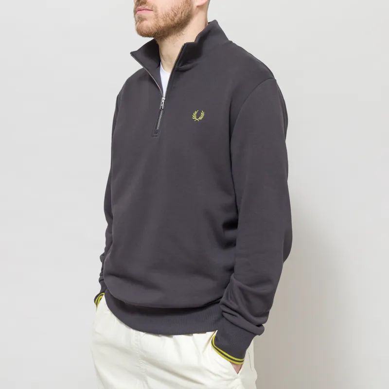 Fred Perry Half Zip Sweatshirt Grey Tennis Ball Yellow-1