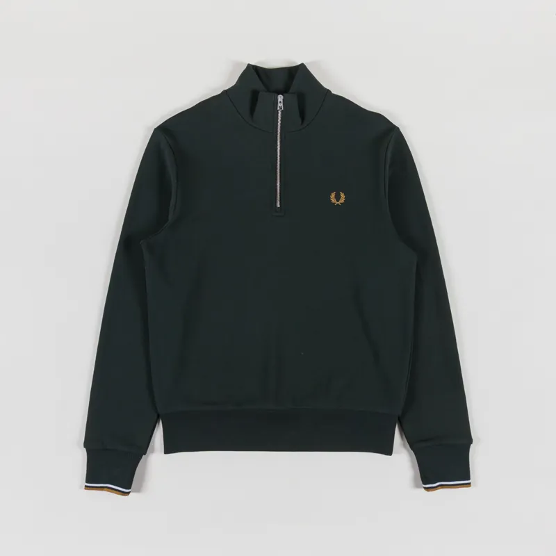 Fred Perry Half Zip Sweatshirt Night Green Dusky Blue Dark Caramel