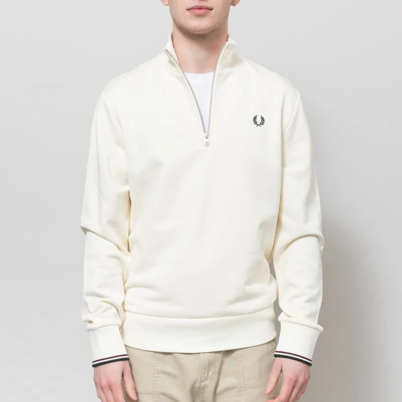 Fred Perry Half Zip Sweatshirt Ecru Oxblood Grassroots
