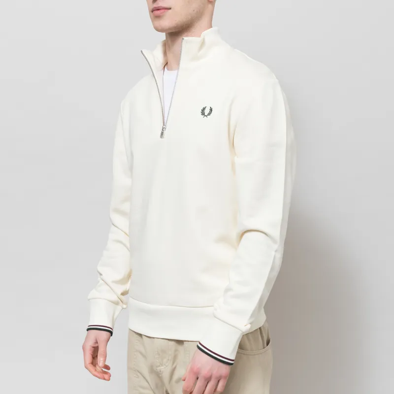 Fred Perry Half Zip Sweatshirt Ecru Oxblood Grassroots-1