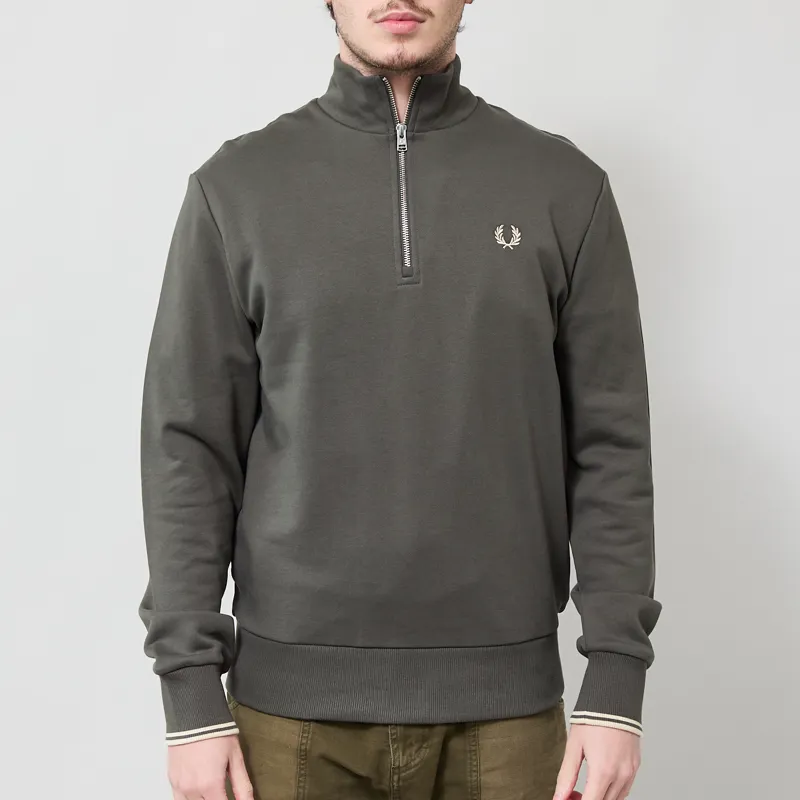 Fred Perry Half Zip Sweatshirt Field Green Oatmeal