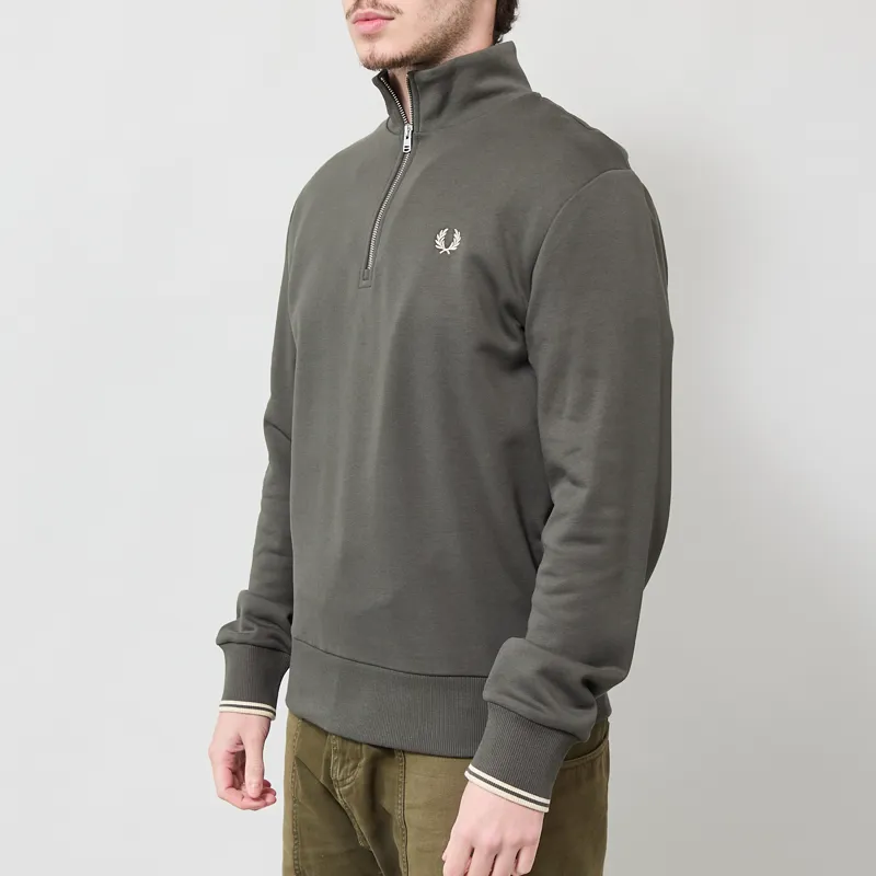 Fred Perry Half Zip Sweatshirt Field Green Oatmeal-1