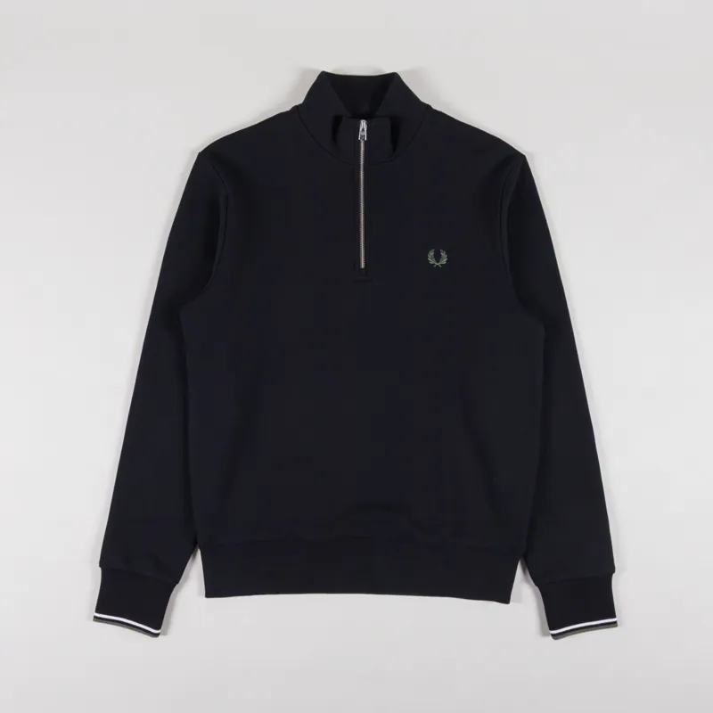 Fred Perry Half Zip Sweatshirt Black Ecru Laurel Wreath Green