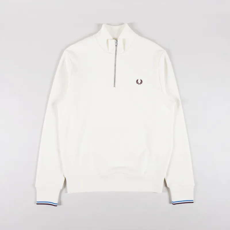 Fred Perry Half Zip Sweatshirt Ecru Court Blue Oxblood