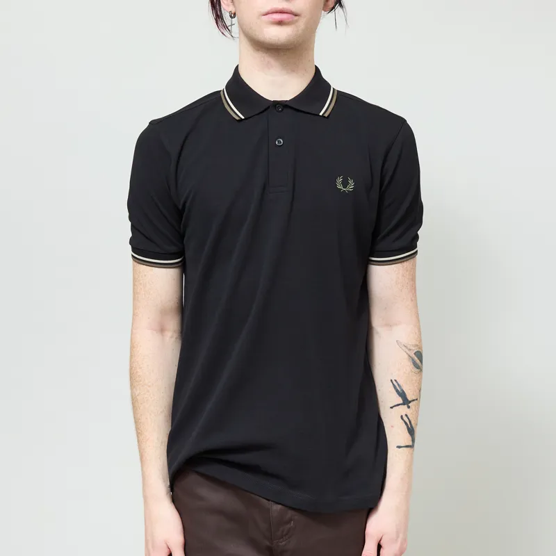 Fred Perry M3600 Twin Tipped Polo Shirt Black Oatmeal Laurel Wreath Green
