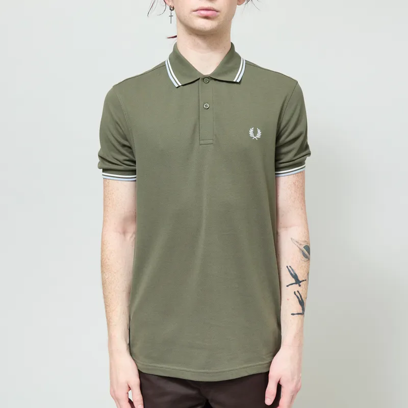 Fred Perry M3600 Twin Tipped Polo Shirt Laurel Wreath Green Ecru Dusky Blue