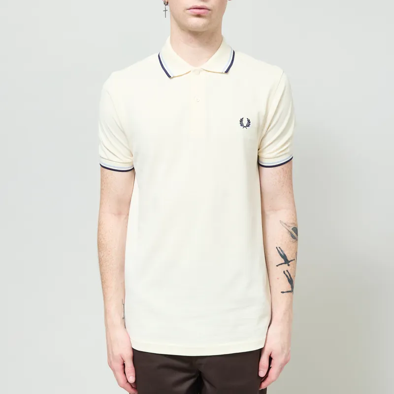 Fred Perry M3600 Twin Tipped Polo Shirt Ecru Dusky Blue French Navy