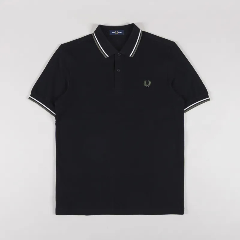 Fred Perry Twin Tipped Polo Shirt Black Ecru Laurel Wreath Green