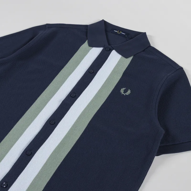 Fred Perry Panelled Button Through Polo Shirt Dark Airforce-1
