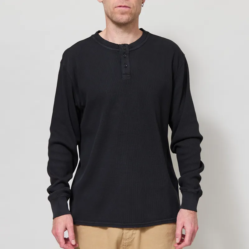 Organic Basics Waffle Henley Long Sleeve Black