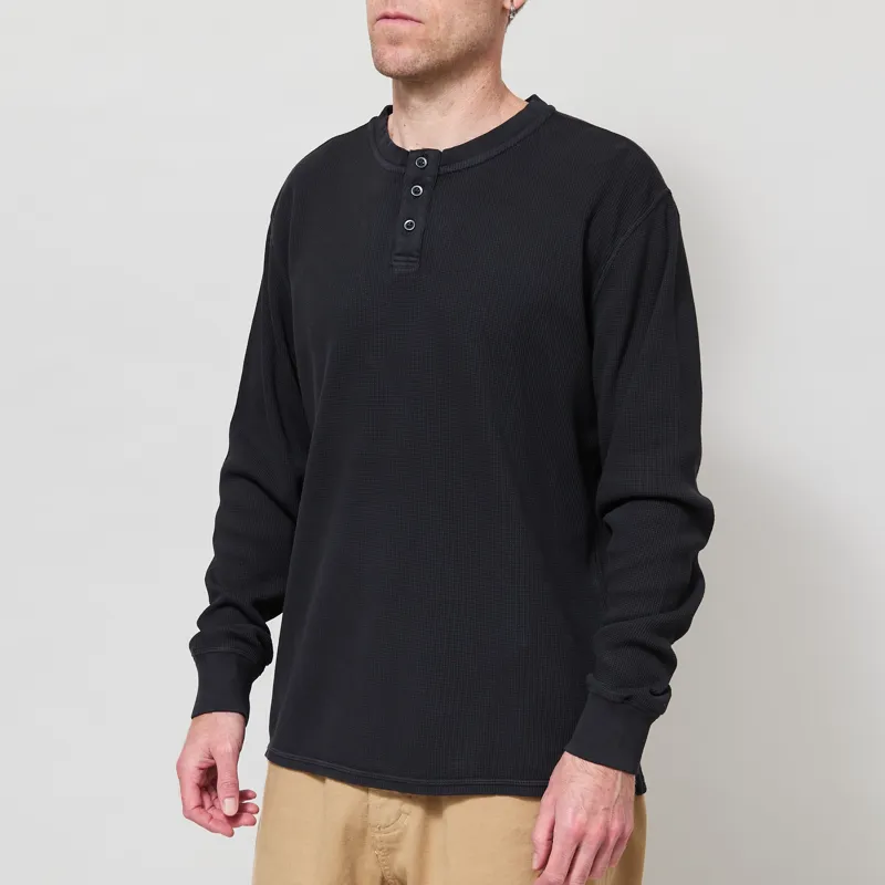 Organic Basics Waffle Henley Long Sleeve Black-1