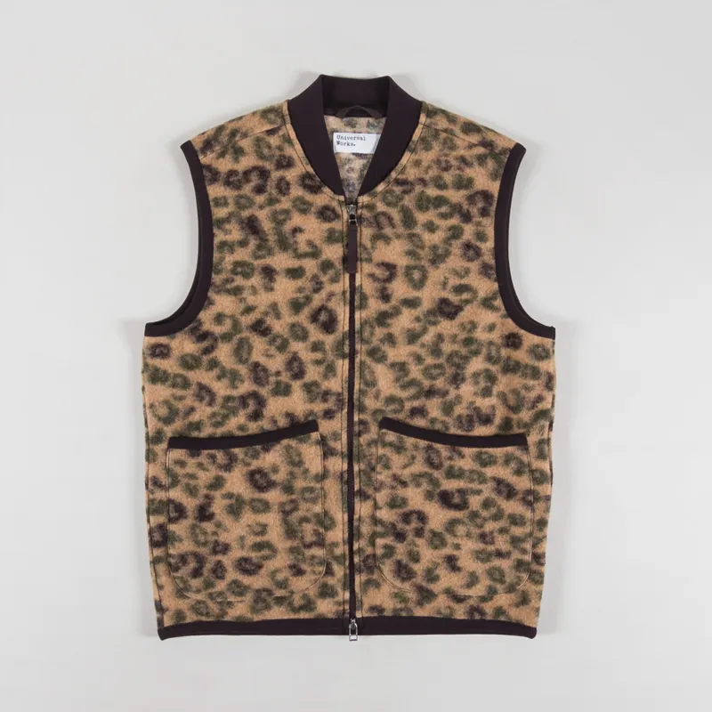 Universal Works Zip Waistcoat Camo Leopard Fleece