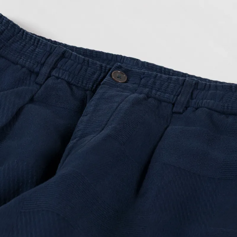 Universal Works Pleated Track Pants Dark Navy Patchwork Weave Cotton-7