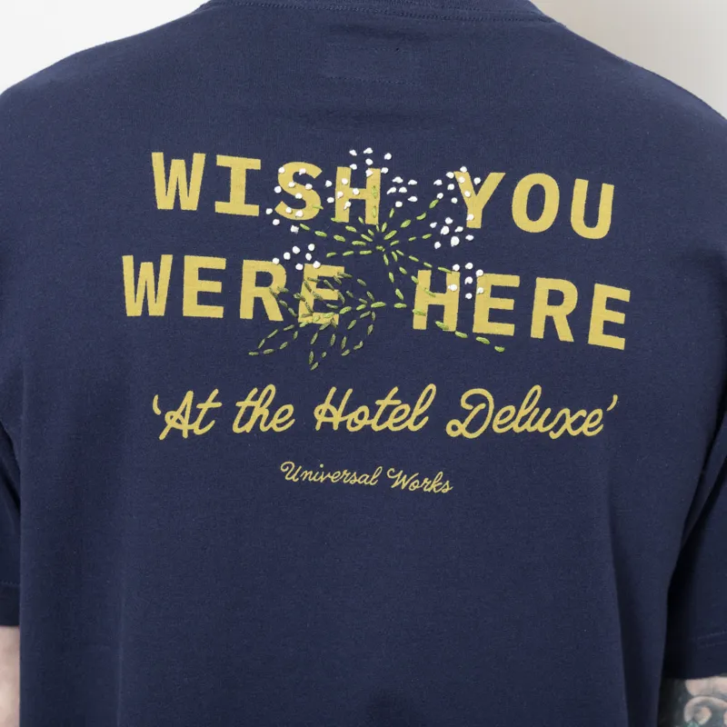 Universal Works Wish You Were Here T Shirt Navy-4