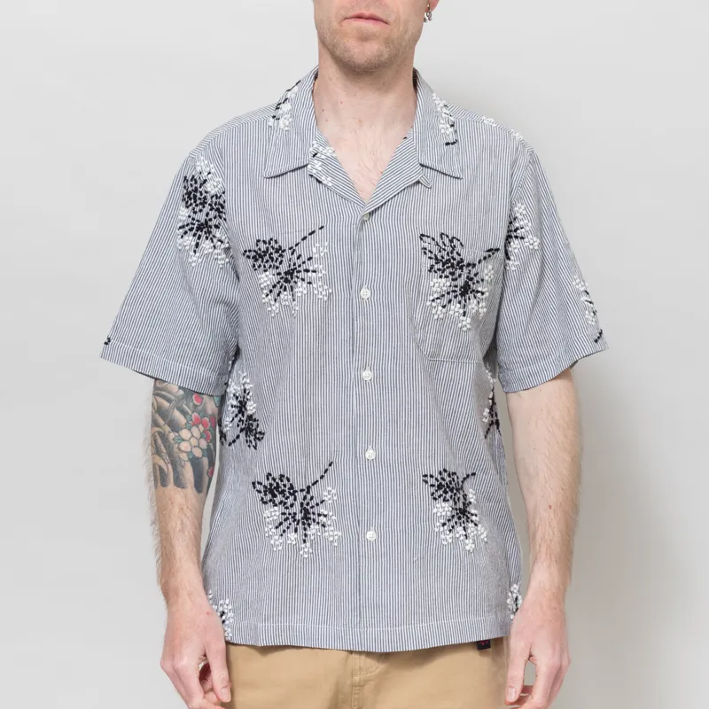 Universal Works Road Shirt Grey Hand Embroidered Stripe Cotton