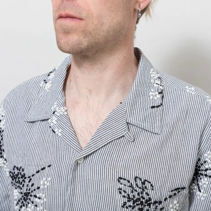 Universal Works Road Shirt Grey Hand Embroidered Stripe Cotton-3
