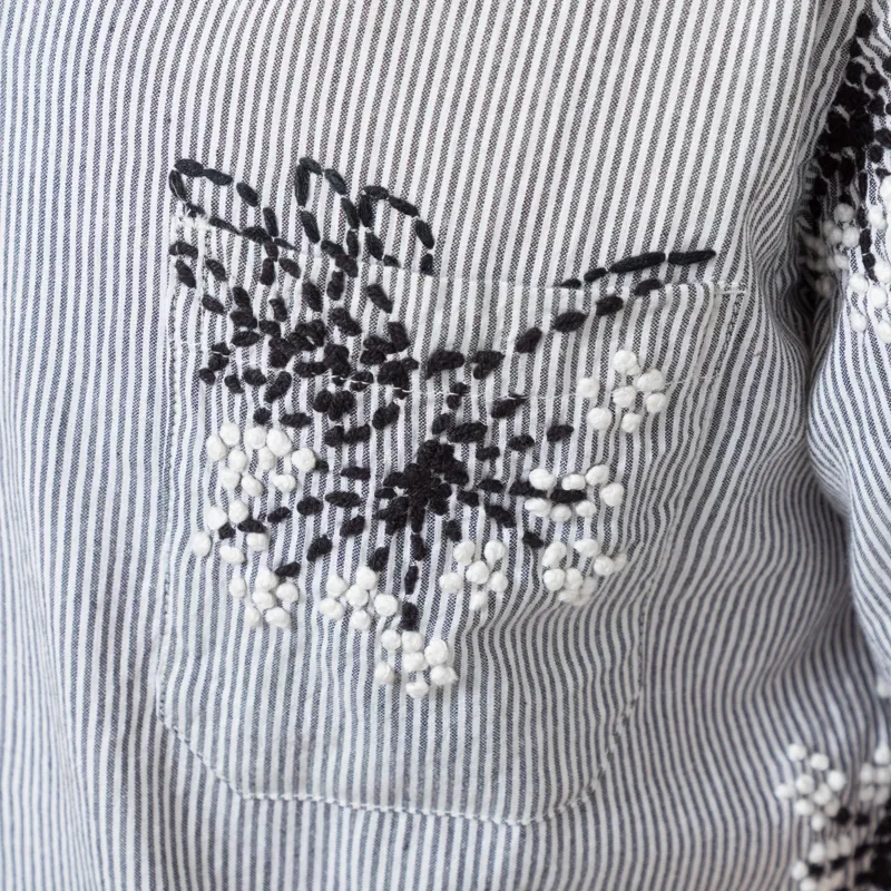 Universal Works Road Shirt Grey Hand Embroidered Stripe Cotton-5