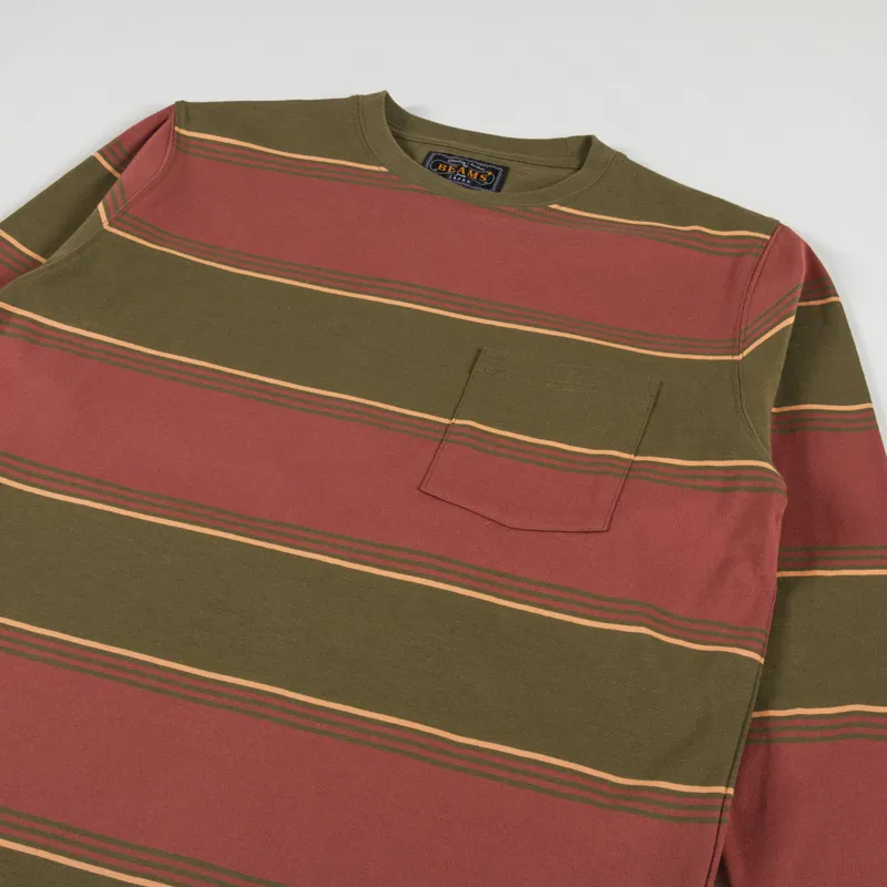 Beams Plus Multi Horizontal Striped Pocket T Shirt Olive-2