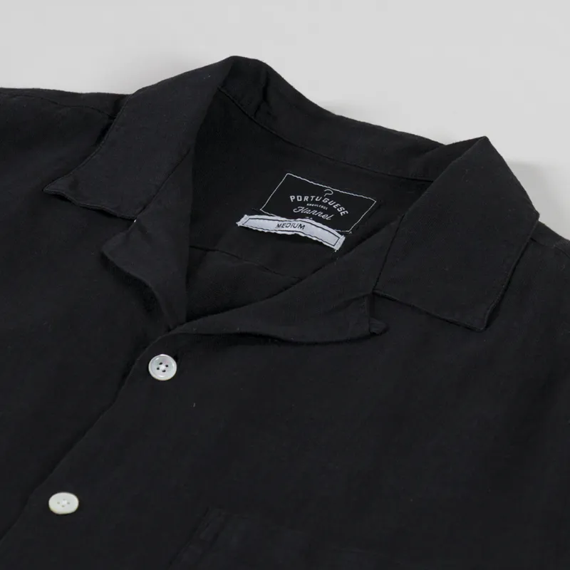 Portuguese Flannel Linen Camp Collar Shirt Black-4