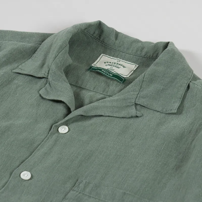 Portuguese Flannel Linen Camp Collar Shirt Dry Green-4