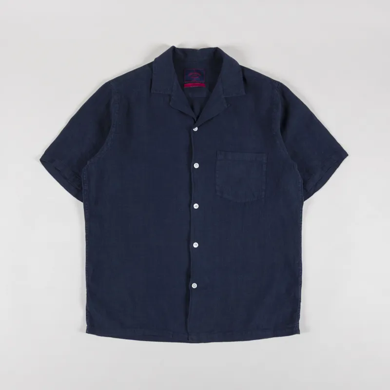 Portuguese Flannel Linen Camp Collar Shirt Navy