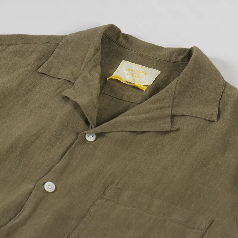 Portuguese Flannel Linen Camp Collar Shirt Olive-4