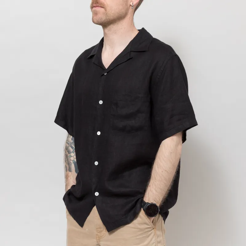 Portuguese Flannel Linen Camp Collar Shirt  Black-1
