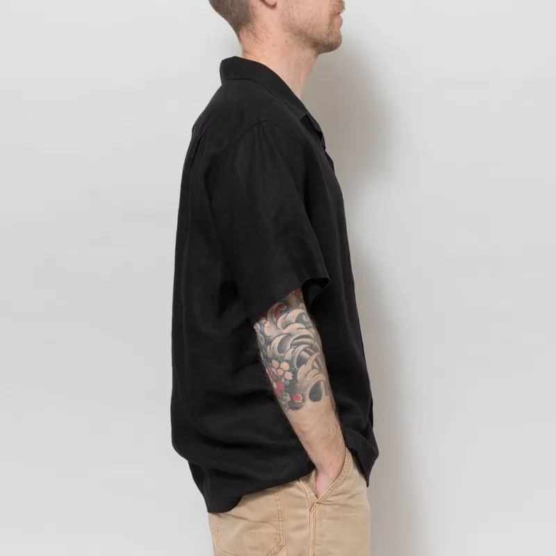 Portuguese Flannel Linen Camp Collar Shirt  Black-4