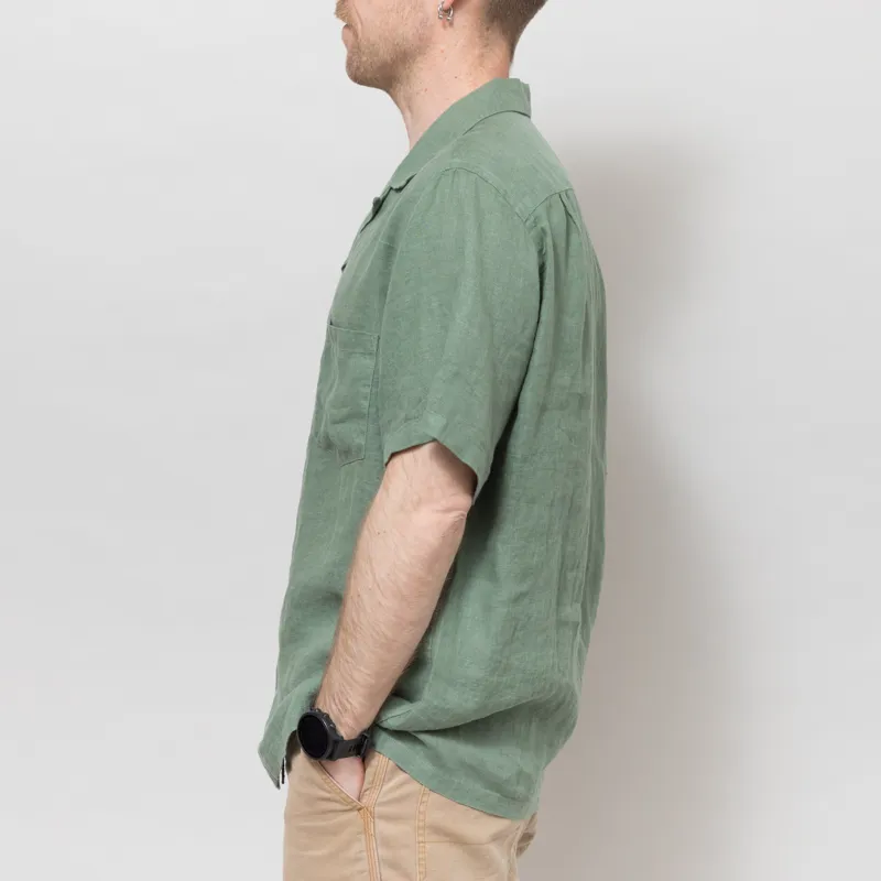 Portuguese Flannel Linen Camp Collar Shirt Dry Green-2
