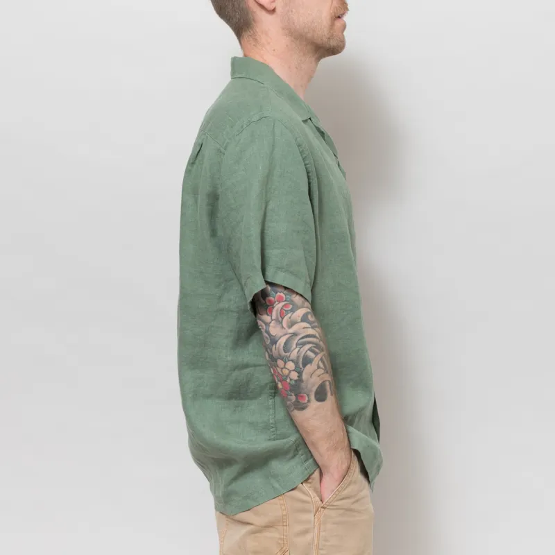 Portuguese Flannel Linen Camp Collar Shirt Dry Green-4