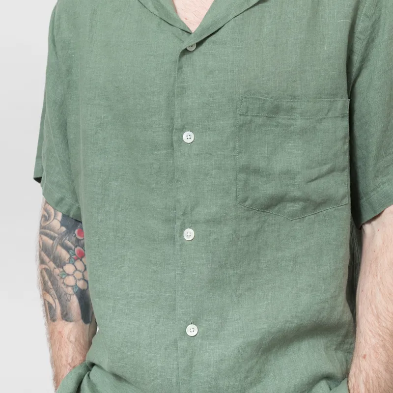 Portuguese Flannel Linen Camp Collar Shirt Dry Green-6