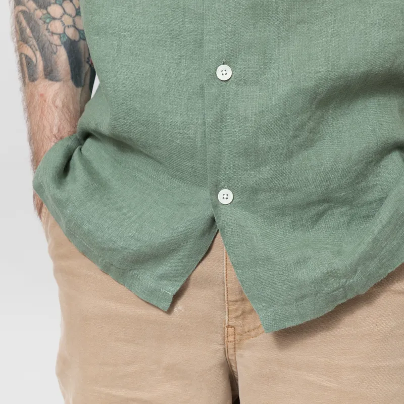 Portuguese Flannel Linen Camp Collar Shirt Dry Green-8