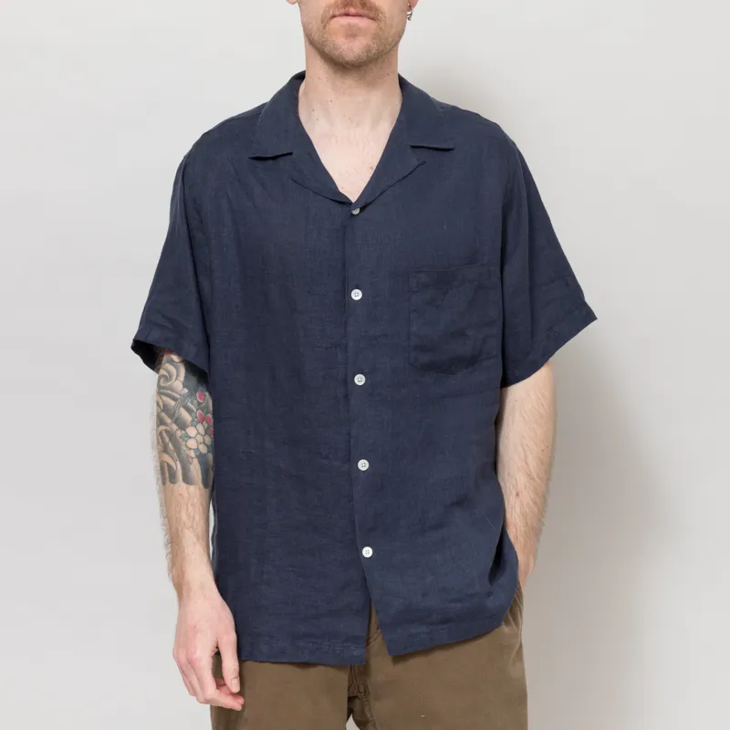 Portuguese Flannel Linen Camp Collar Shirt Navy