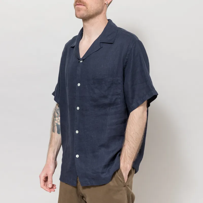 Portuguese Flannel Linen Camp Collar Shirt Navy-1