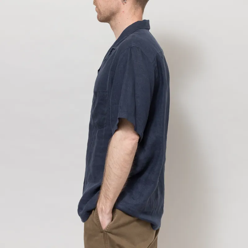 Portuguese Flannel Linen Camp Collar Shirt Navy-2