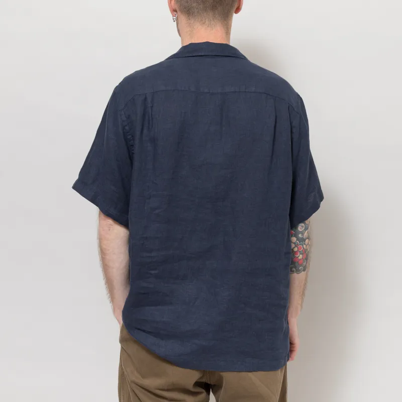 Portuguese Flannel Linen Camp Collar Shirt Navy-3