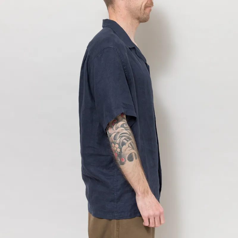 Portuguese Flannel Linen Camp Collar Shirt Navy-4