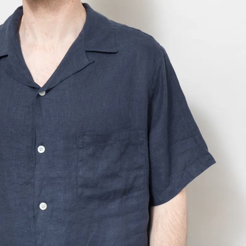 Portuguese Flannel Linen Camp Collar Shirt Navy-5