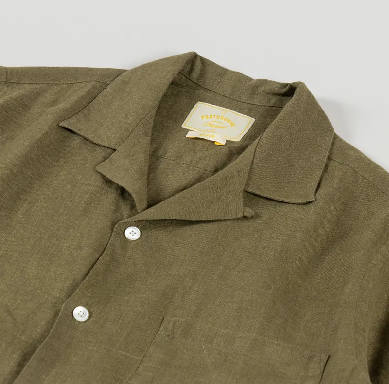 Portuguese Flannel Linen Camp Collar Shirt Olive-2
