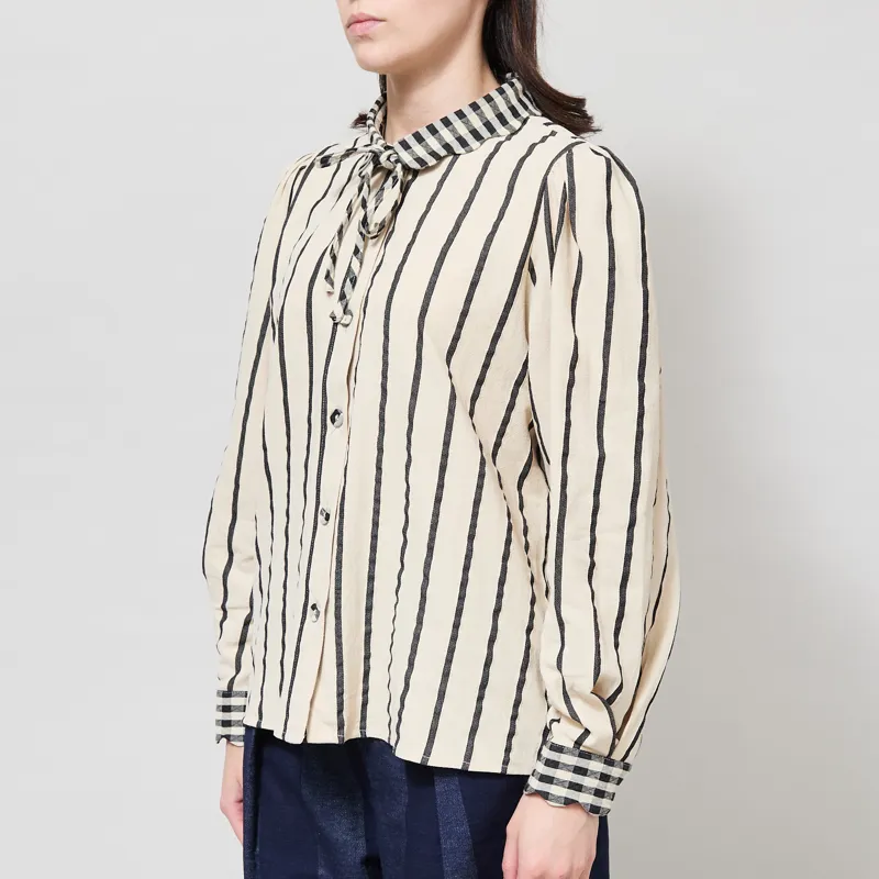 Lowie Womens Stripe Scallop Blouse Cream-1
