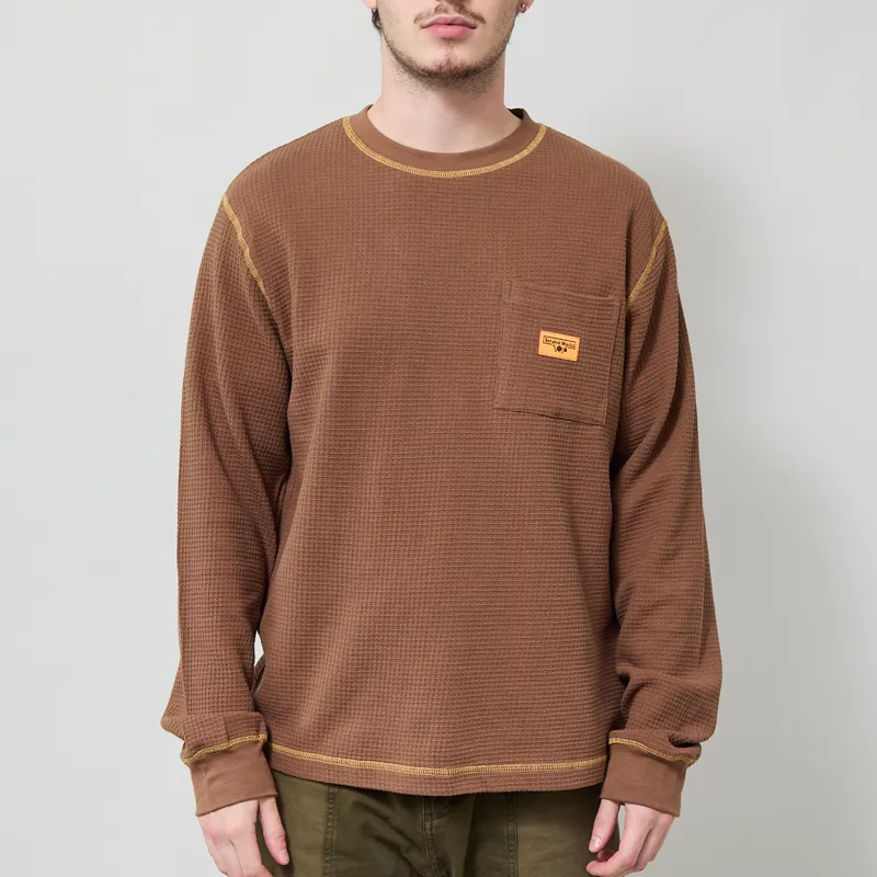 Service Works Waffle Contrast Thermal Long Sleeve T Shirt Brown Yellow