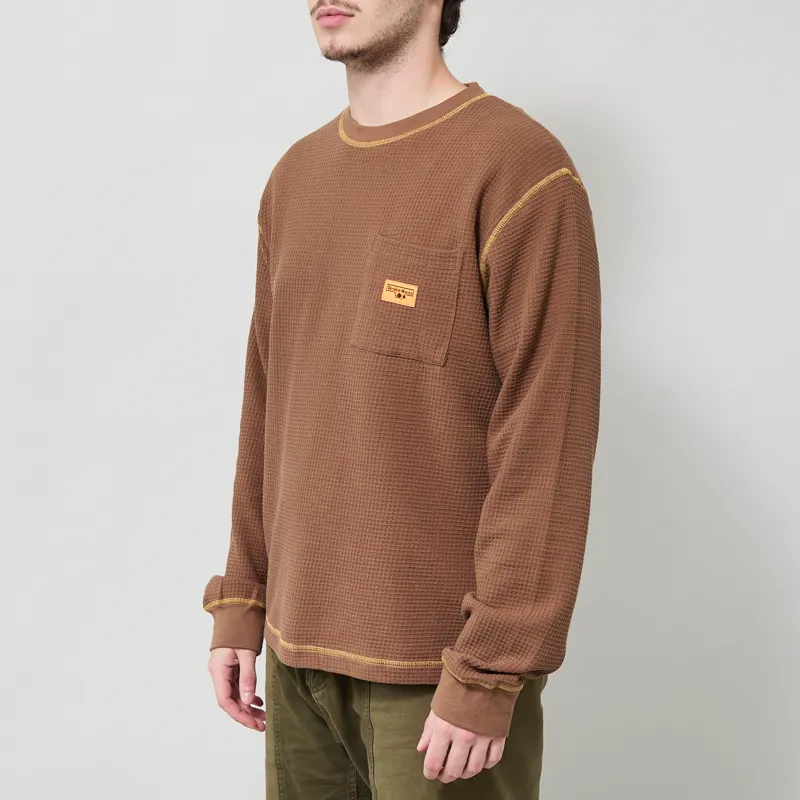 Service Works Waffle Contrast Thermal Long Sleeve T Shirt Brown Yellow-1