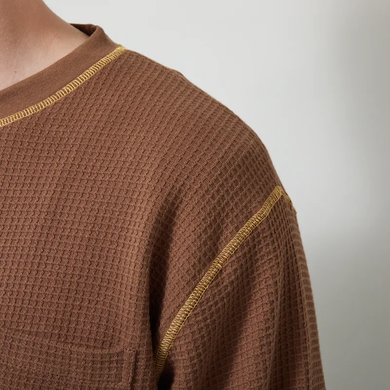 Service Works Waffle Contrast Thermal Long Sleeve T Shirt Brown Yellow-4