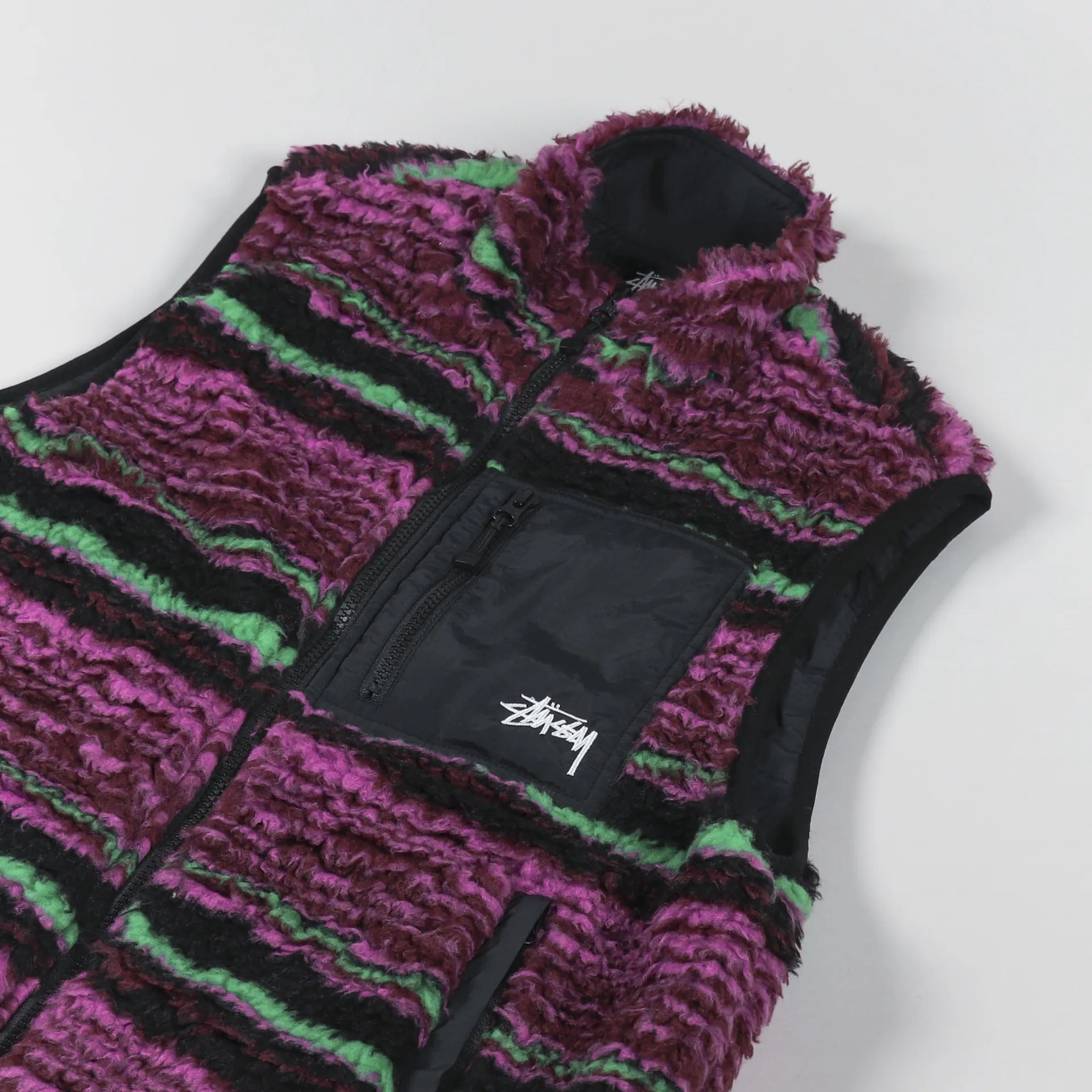Stussy Mens Striped Sherpa Vest Grape Purple Gilet Fleece Jacket