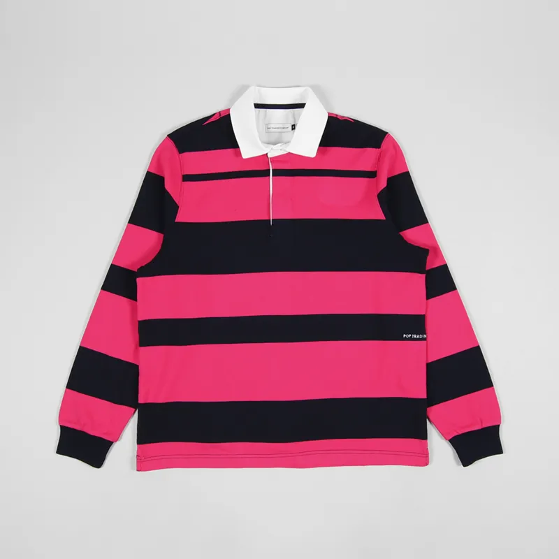 Pop Trading Company Striped Rugby Shirt Pink Navy