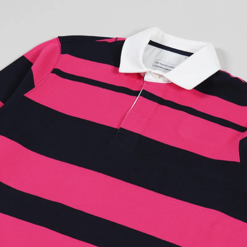 Pop Trading Company Striped Rugby Shirt Pink Navy-2