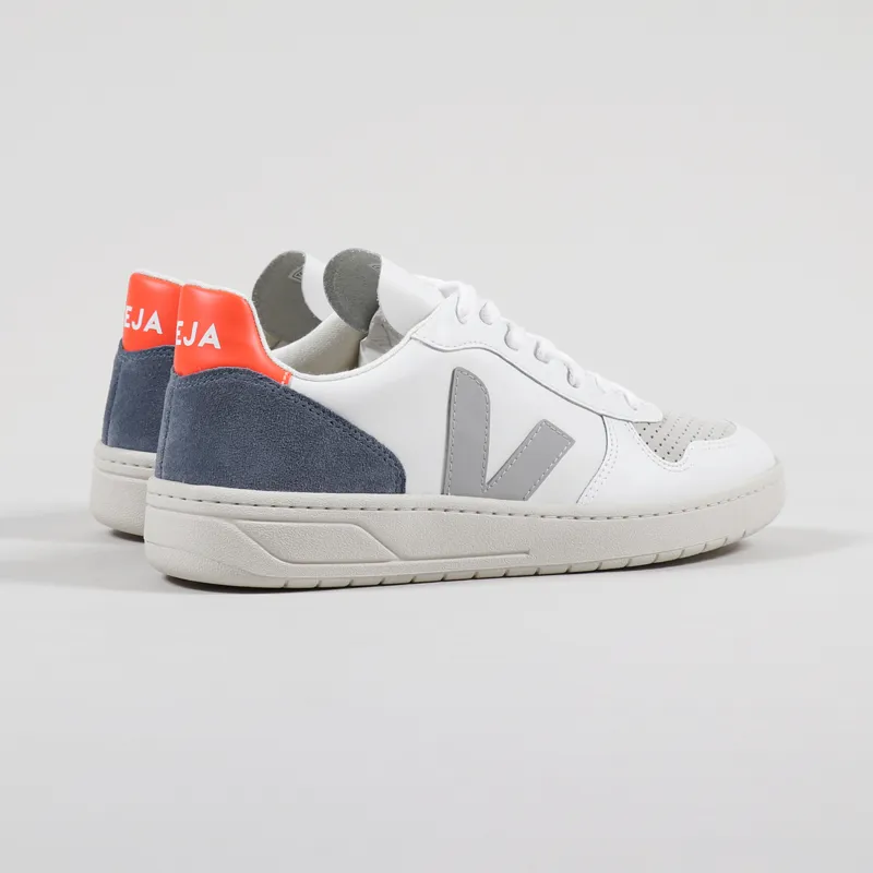 Veja Womens V-10 Leather Shoes Extra White Oxford Grey Orange Fluo-3
