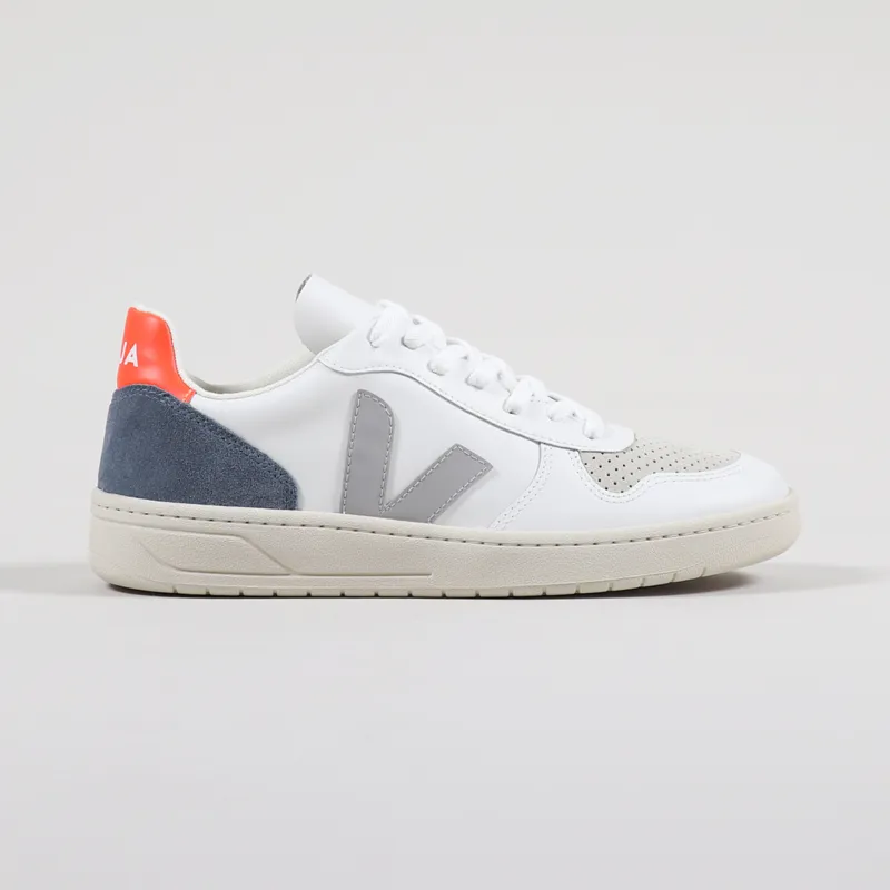Veja Womens V-10 Leather Shoes Extra White Oxford Grey Orange Fluo-4