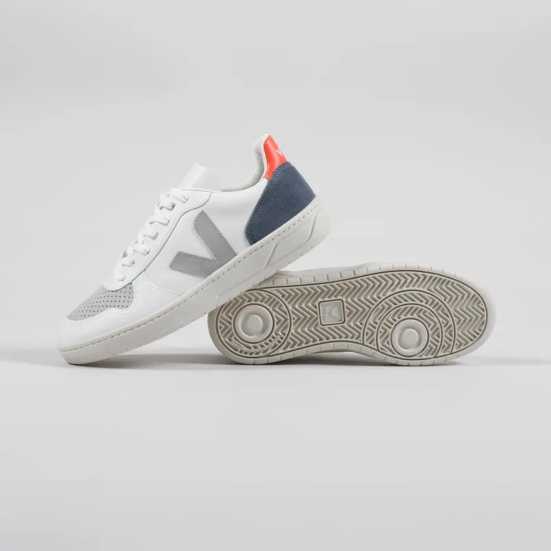 Veja Womens V-10 Leather Shoes Extra White Oxford Grey Orange Fluo-1