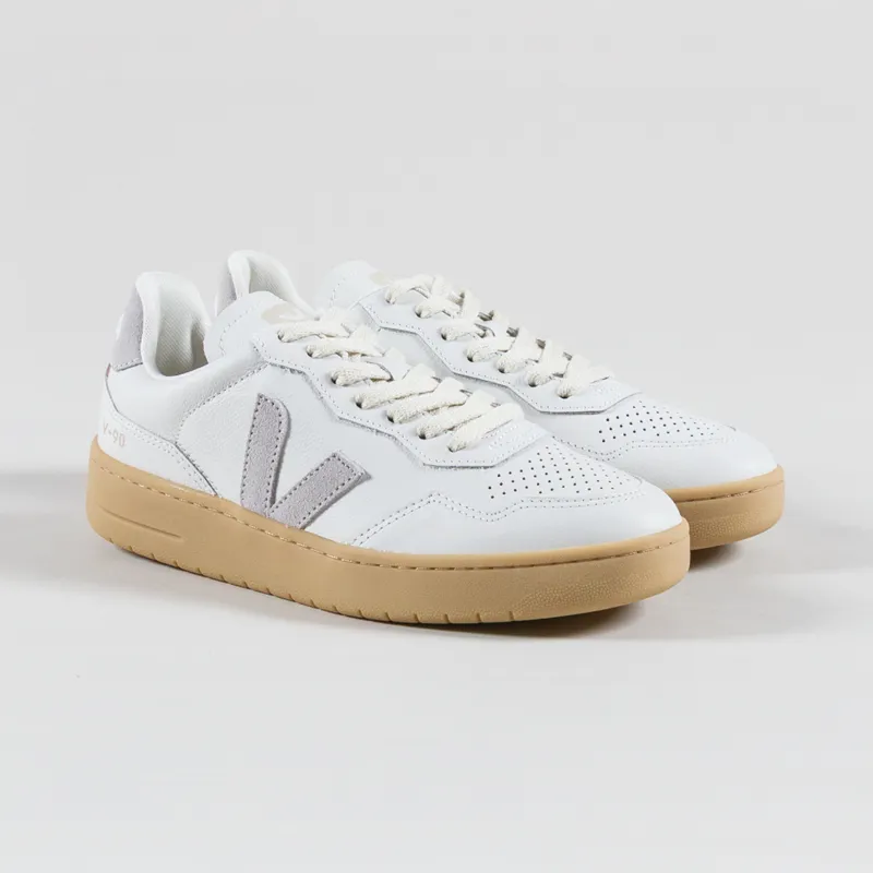 Veja Womens V-90 Leather Shoes Extra White Light Grey Natural